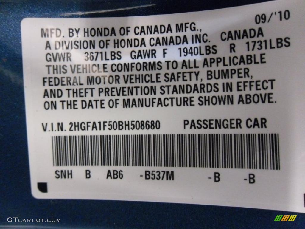2011 Civic Color Code B537M for Atomic Blue Metallic Photo #37805060
