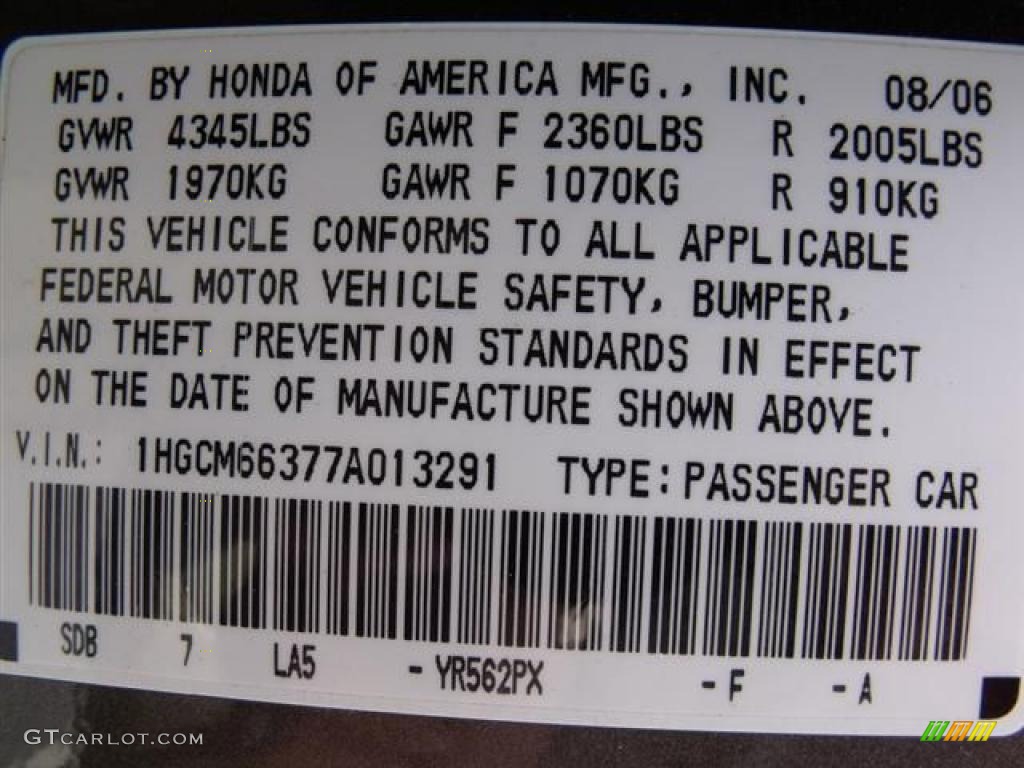 2007 Honda accord color codes