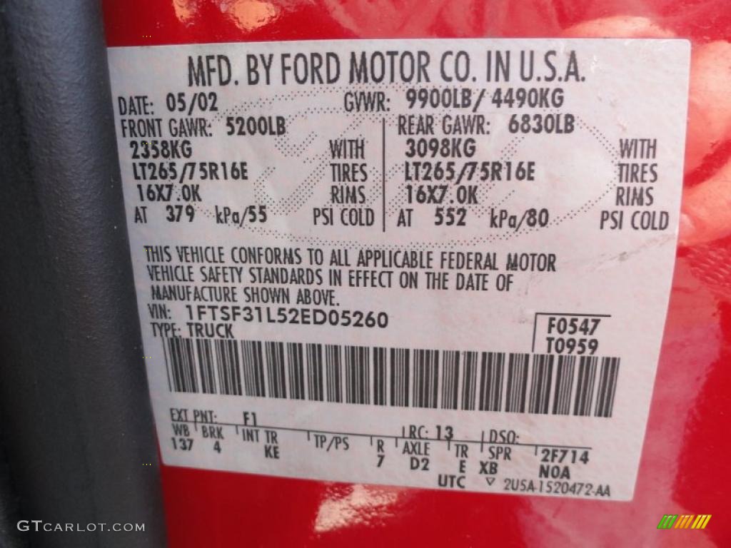 2002 F350 Super Duty Color Code F1 for Red Photo #37834442