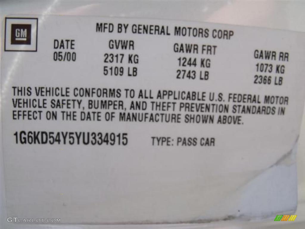 2000 Cadillac DeVille Sedan Info Tag Photos