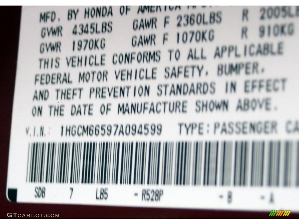 2007 Accord Color Code R528P for Moroccan Red Pearl Photo #37867300