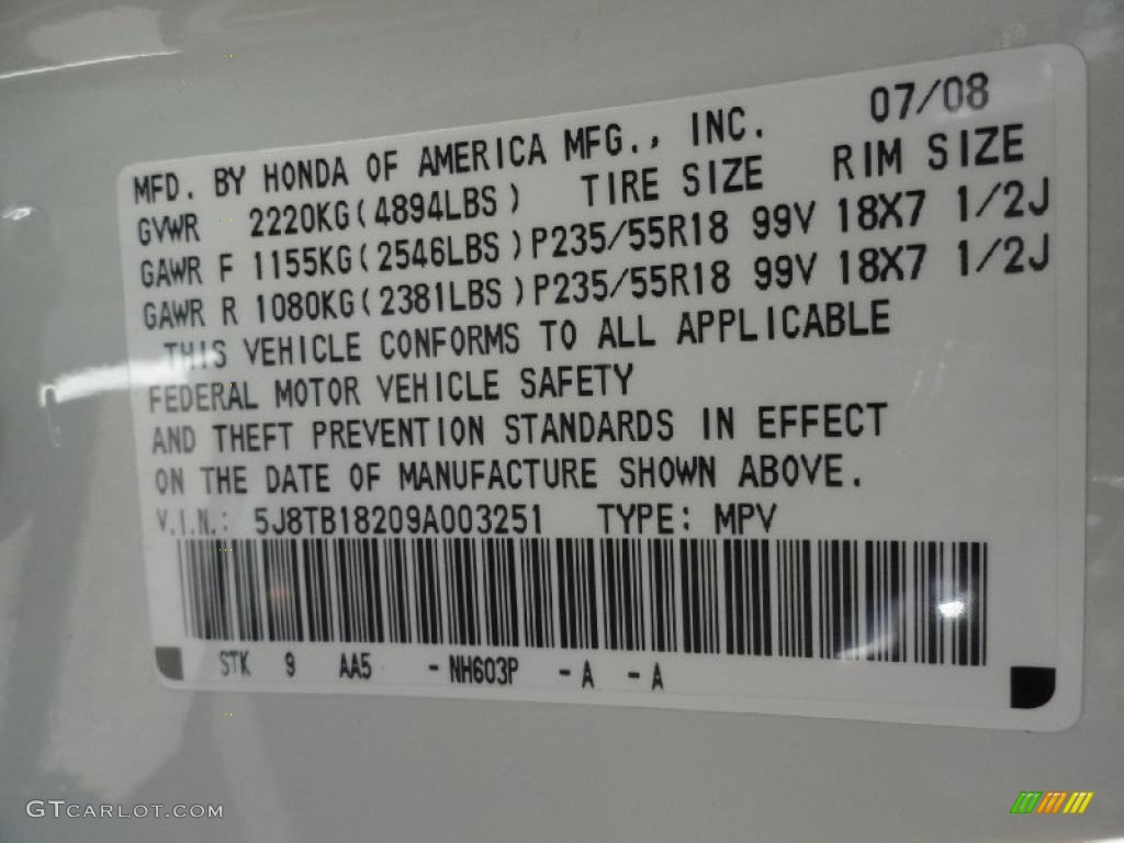 2009 RDX Color Code NH603P for White Diamond Pearl Photo #37872616