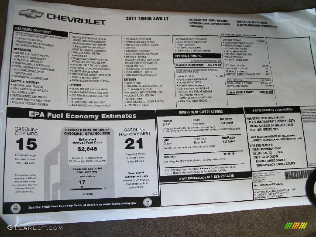 2011 Chevrolet Tahoe LT 4x4 Window Sticker Photo #37874742