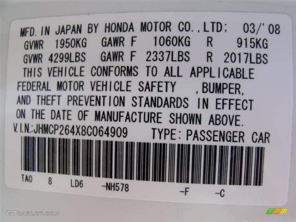 2008 Accord Color Code NH578 for Taffeta White Photo #37888296