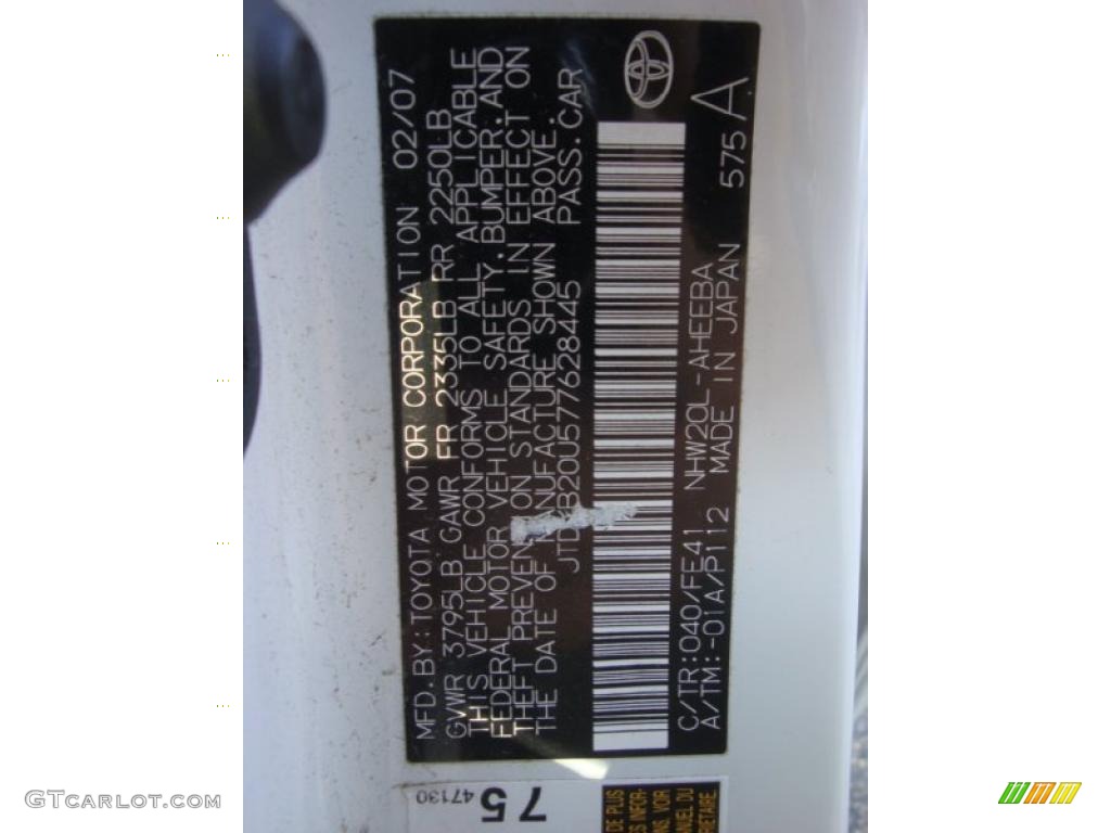 2007 Prius Color Code 040 for Super White Photo #37893560