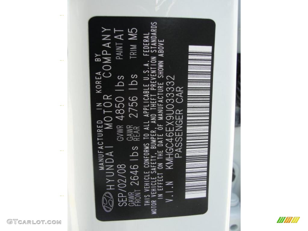 2009 Genesis Color Code AT for White Satin Pearl Photo #37897939
