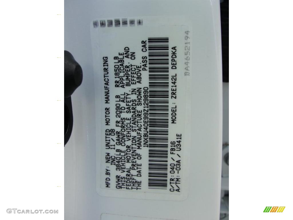 2009 Corolla Color Code 040 for Super White Photo #37898592