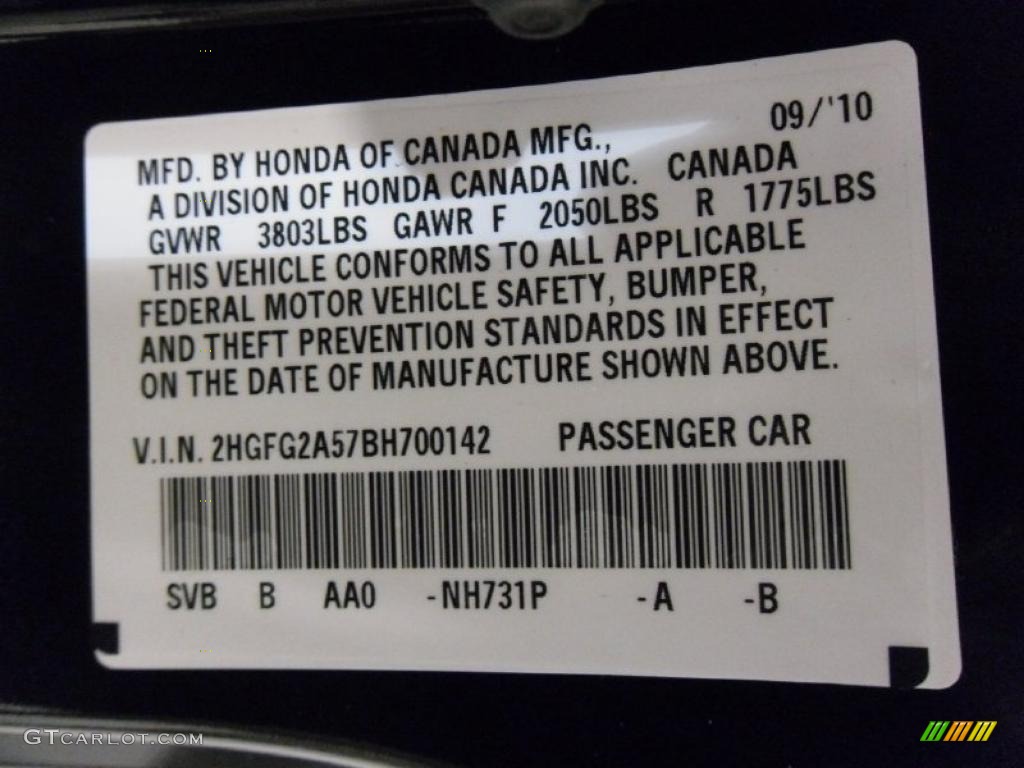 2011 Civic Color Code NH731P for Crystal Black Pearl Photo #37908408
