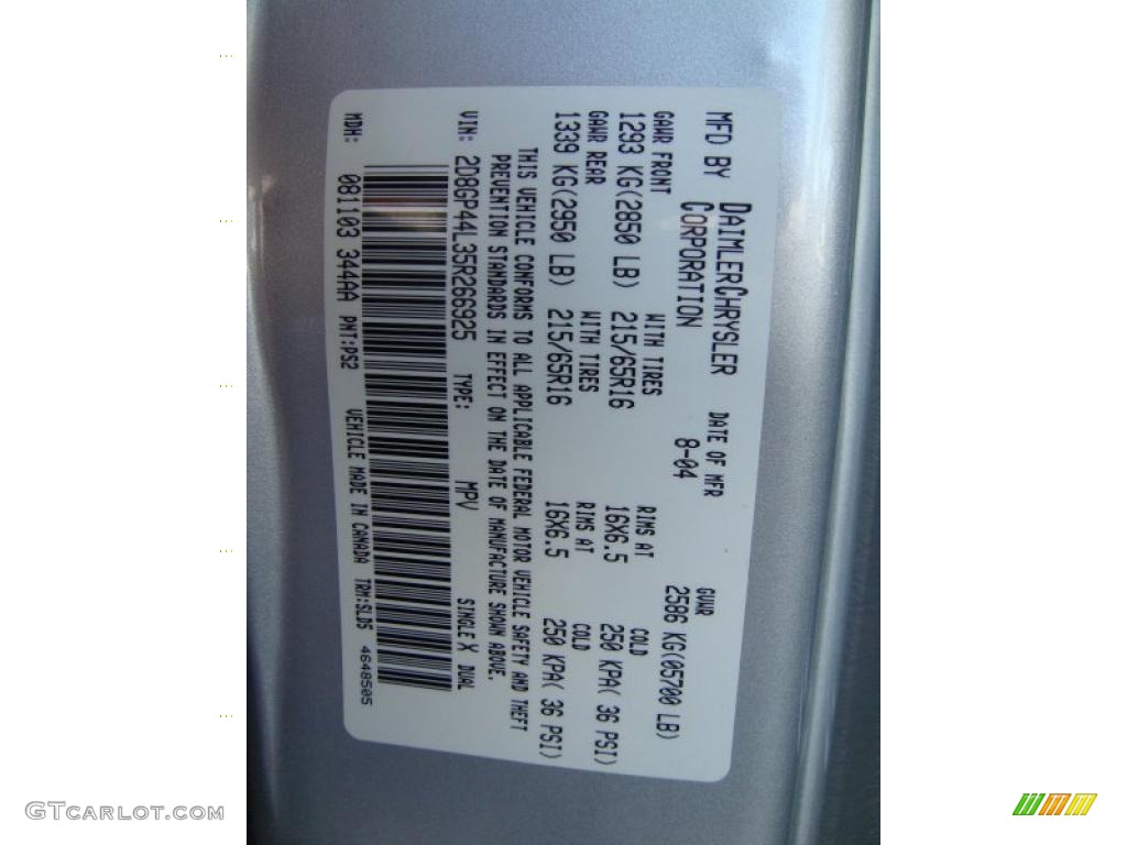 2005 Grand Caravan Color Code PS2 for Bright Silver Metallic Photo #37908448