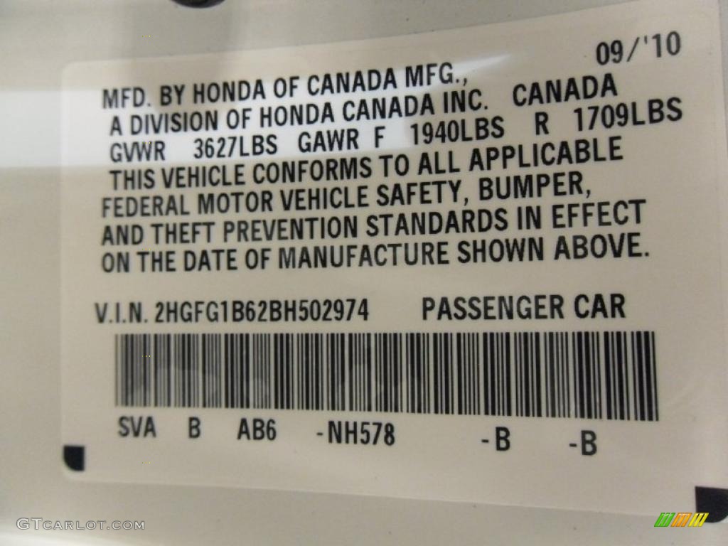 2011 Civic Color Code NH578 for Taffeta White Photo #37911789