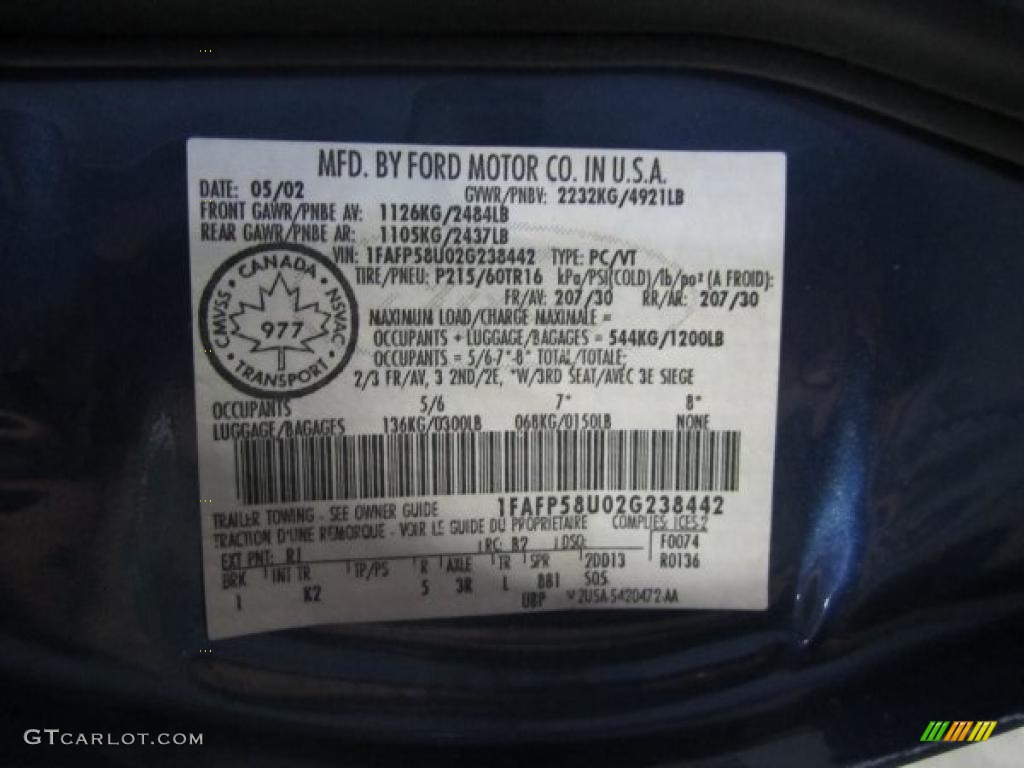 2002 Taurus Color Code R1 for Blue Metallic Photo #37912425