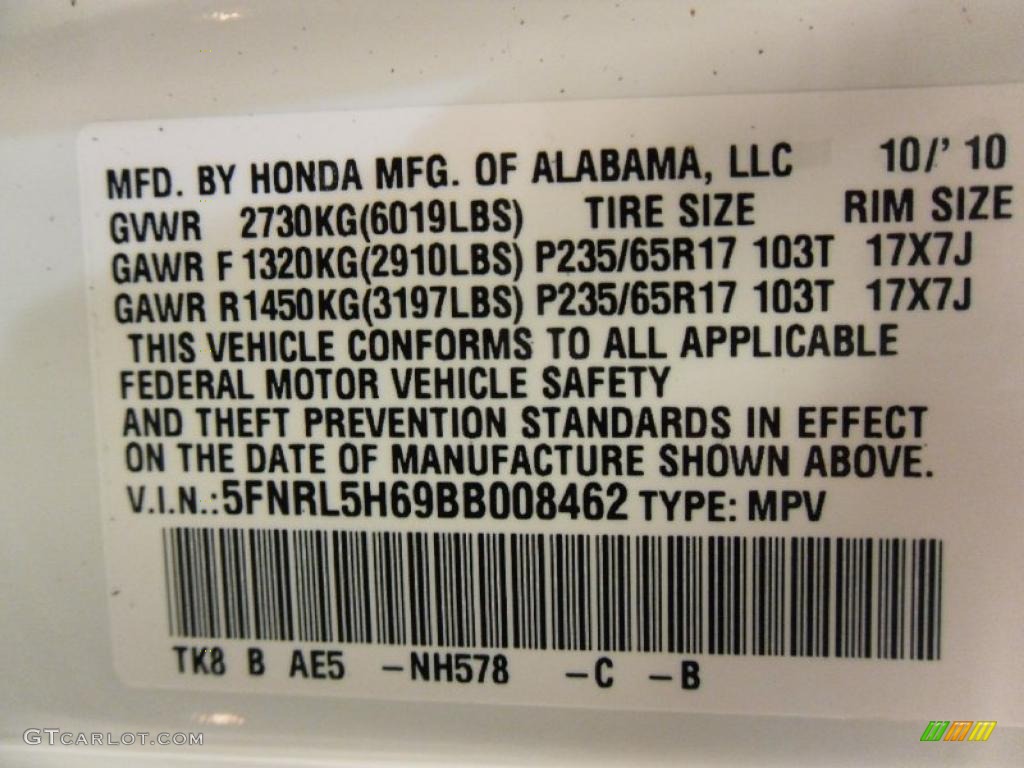 2011 Odyssey Color Code NH578 for Taffeta White Photo #37913776