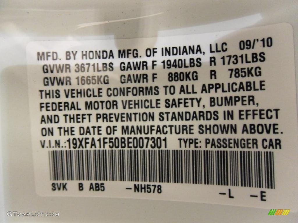 2011 Civic Color Code NH578 for Taffeta White Photo #37914286