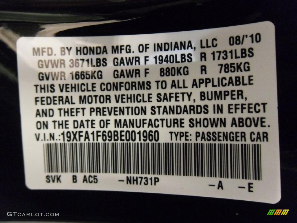 2011 Civic Color Code NH731P for Crystal Black Pearl Photo #37914762