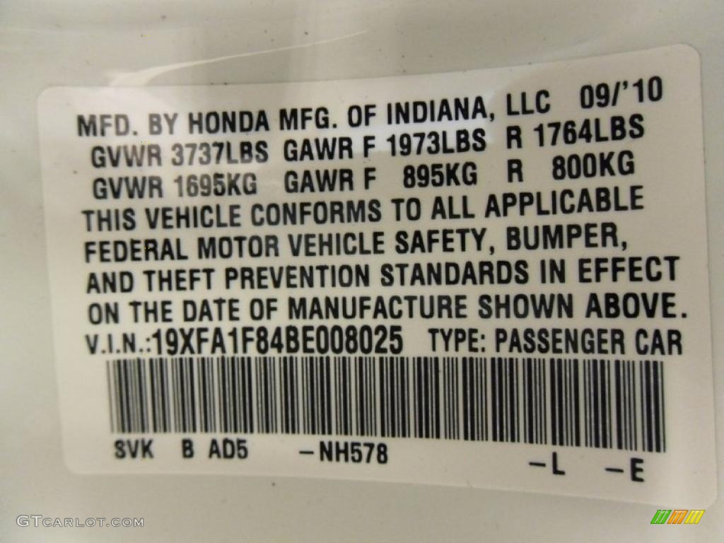 2011 Civic Color Code NH578 for Taffeta White Photo #37917310