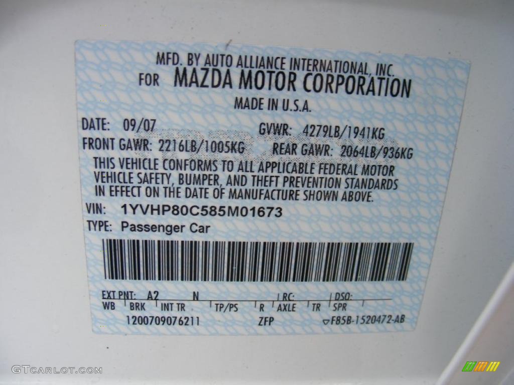 2008 MAZDA6 Color Code A2 for Performance White Photo #37918542