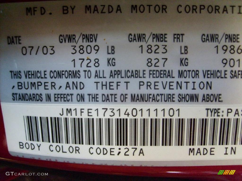 2004 RX-8 Color Code 27A for Velocity Red Mica Photo #37919990