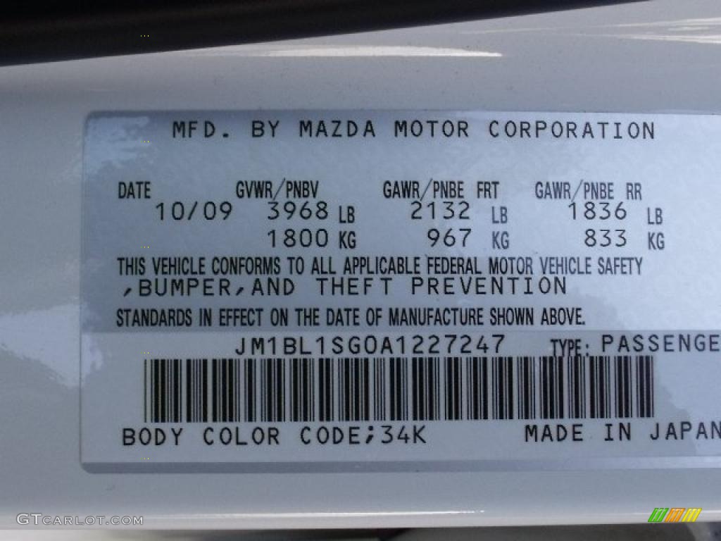2010 MAZDA3 Color Code 34K for Crystal White Pearl Mica Photo #37921846