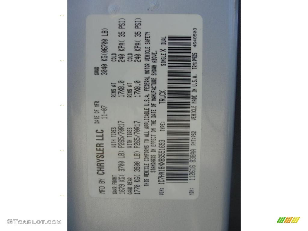 2008 Ram 1500 Color Code PS2 for Bright Silver Metallic Photo #37942030