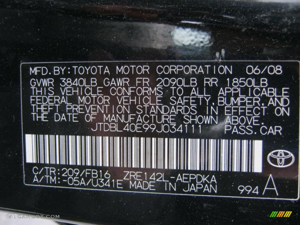 2009 Corolla Color Code 209 for Black Sand Pearl Photo #37943755