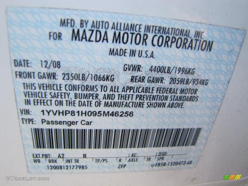 2009 MAZDA6 Color Code A2 for Performance White Photo #37949104