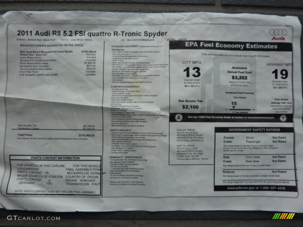 2011 Audi R8 Spyder 5.2 FSI quattro Window Sticker Photo #37956908