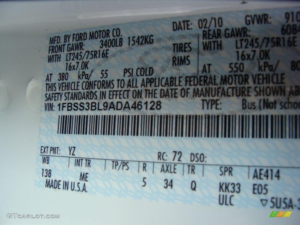 2010 E Series Van Color Code YZ for Oxford White Photo #37988277