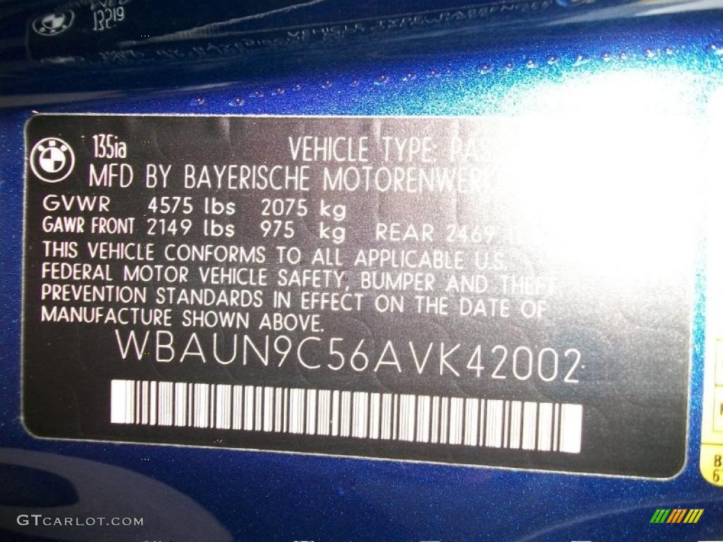 2010 BMW 1 Series 135i Convertible Info Tag Photos