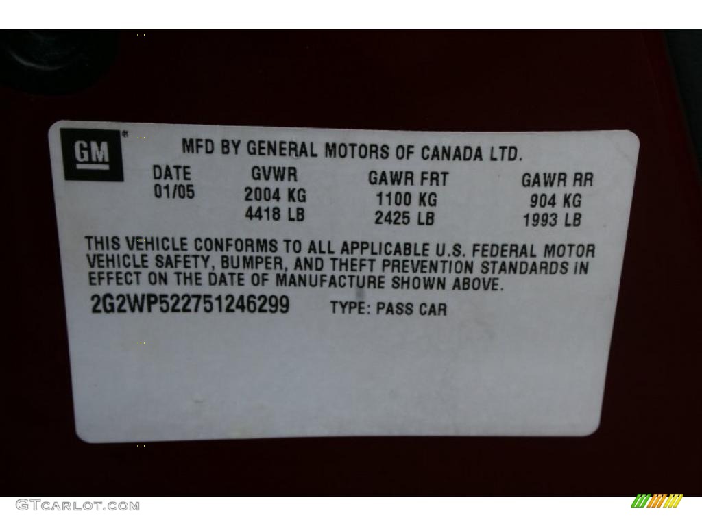 2005 Pontiac Grand Prix Sedan Info Tag Photo #38004574