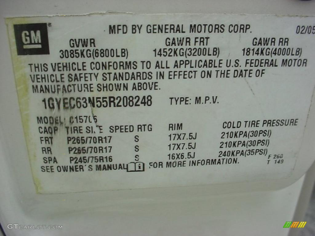 2005 Cadillac Escalade Standard Escalade Model Info Tag Photos