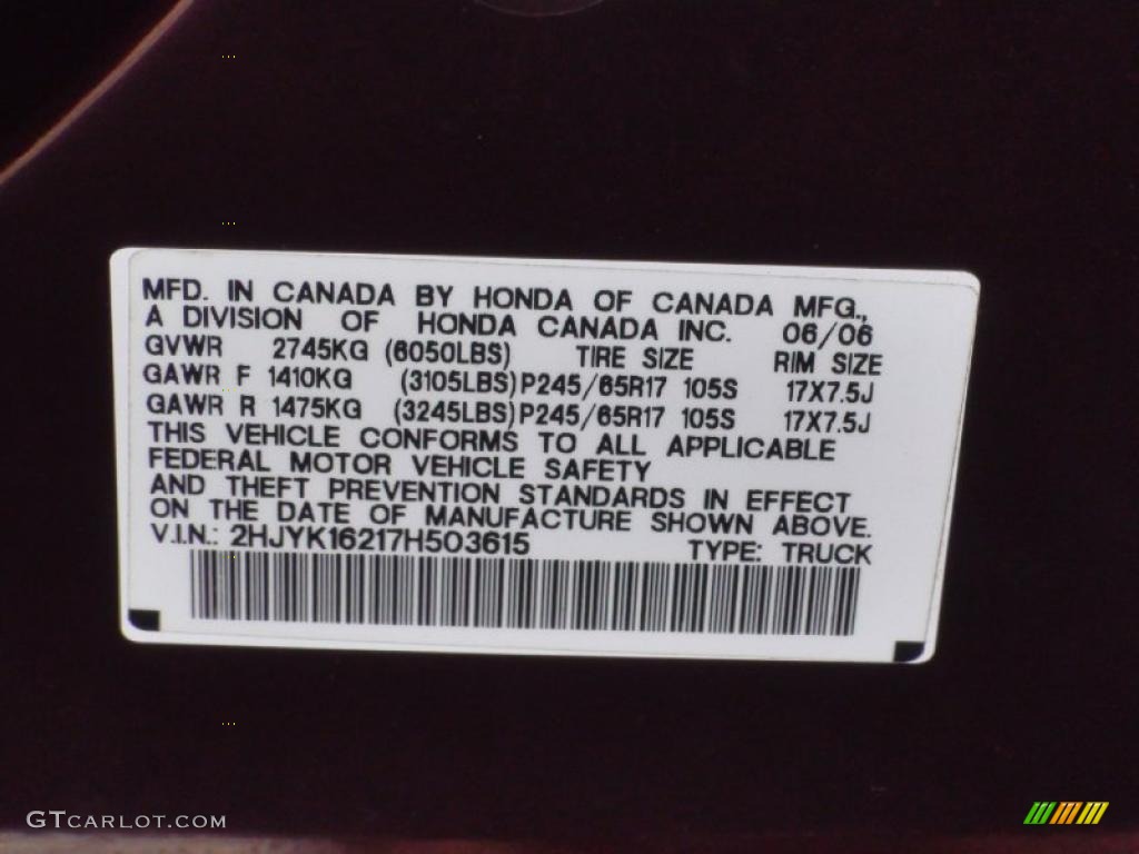2007 Honda Ridgeline RT Info Tag Photos