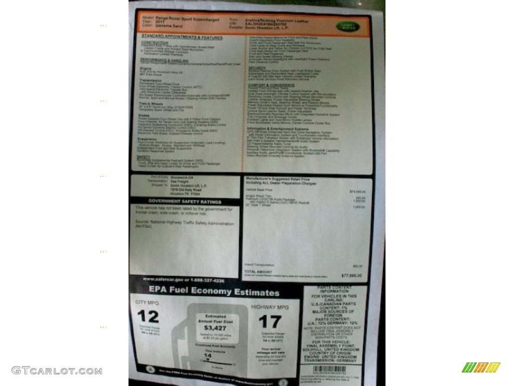 2011 Land Rover Range Rover Sport Supercharged Window Sticker Photo #38044367