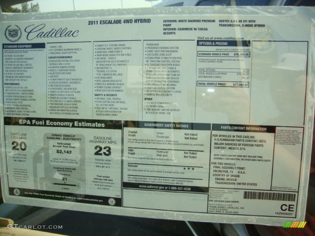 2011 Cadillac Escalade Hybrid AWD Window Sticker Photo #38059413