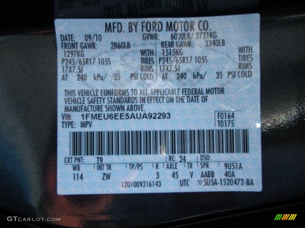 2010 Explorer Color Code T9 for Black Pearl Slate Metallic Photo #38060862