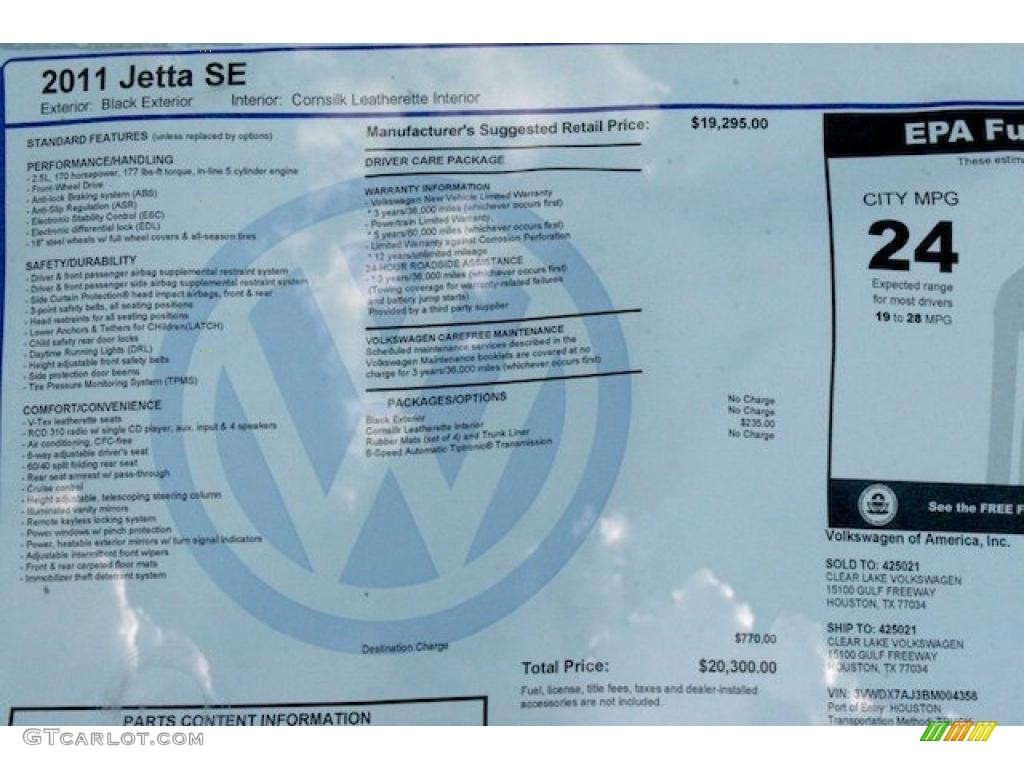 2011 Volkswagen Jetta SE Sedan Window Sticker Photo #38077607