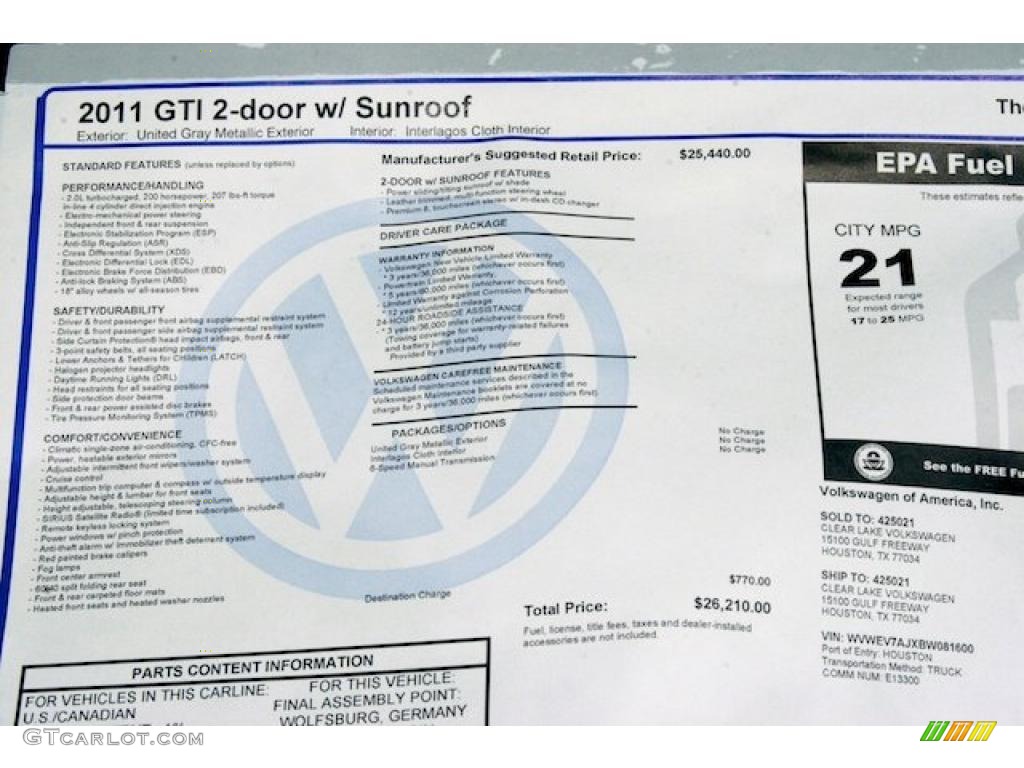 2011 Volkswagen GTI 2 Door Window Sticker Photo #38077883