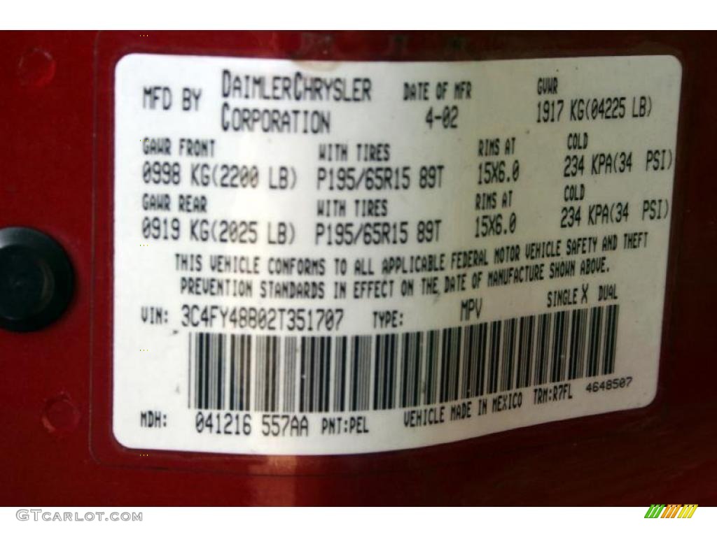 2002 Chrysler PT Cruiser Standard PT Cruiser Model Color Code Photos