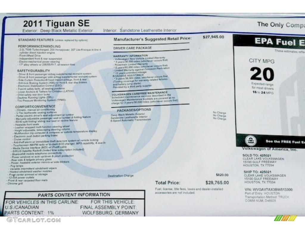 2011 Volkswagen Tiguan SE Window Sticker Photo #38148215
