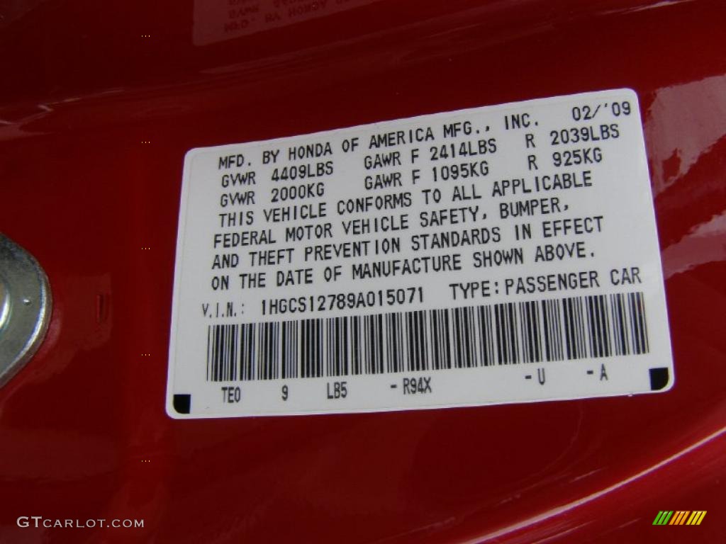 2009 Accord Color Code R94X for San Marino Red Photo #38164122
