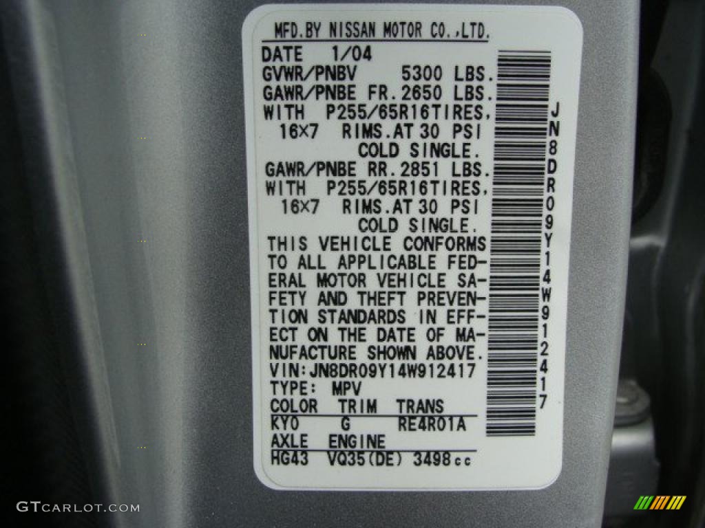 2004 Pathfinder Color Code KY0 for Chrome Silver Metallic Photo #38165094