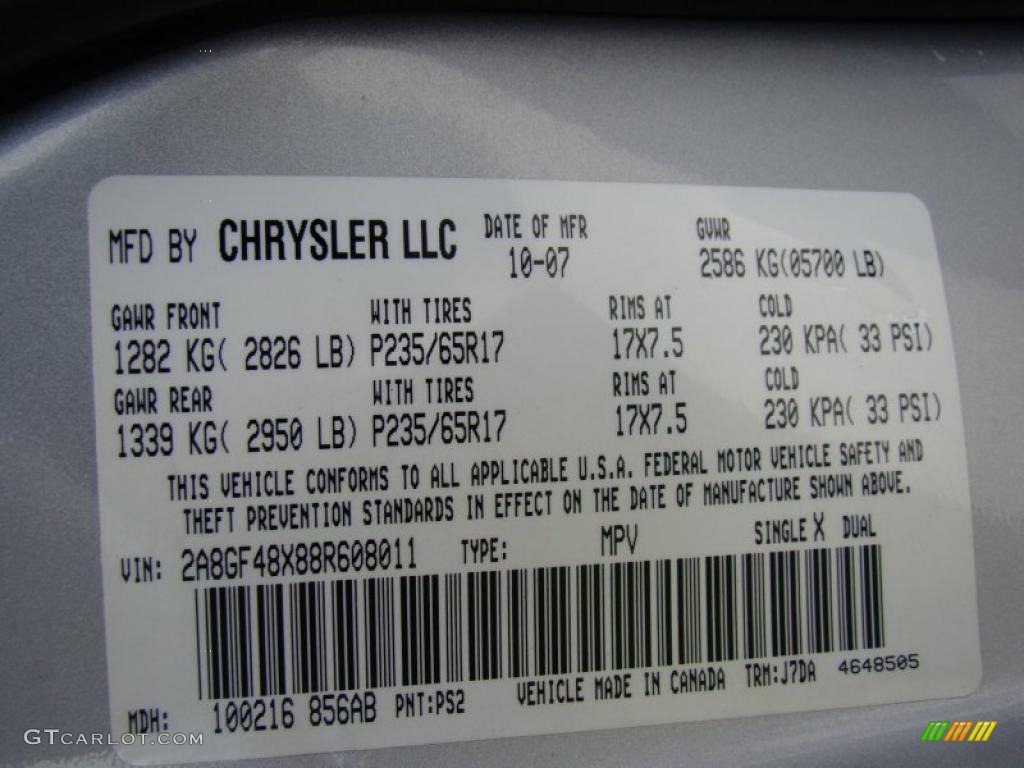 2008 Pacifica Color Code PS2 for Bright Silver Metallic Photo #38213828