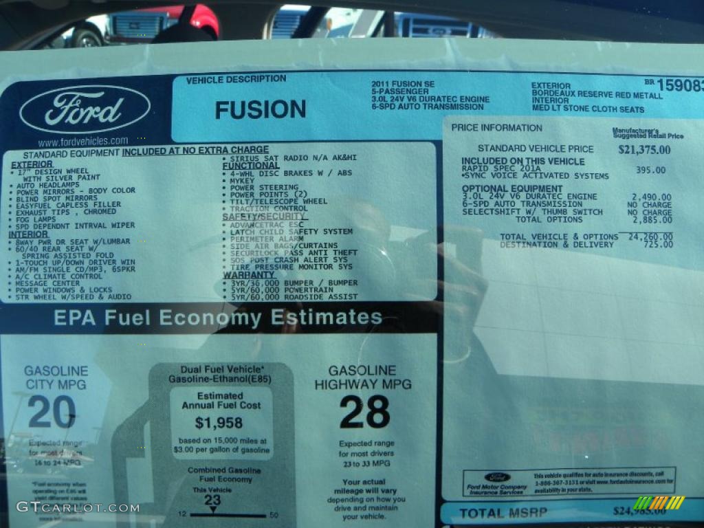 2011 Ford Fusion SE V6 Window Sticker Photo #38238615