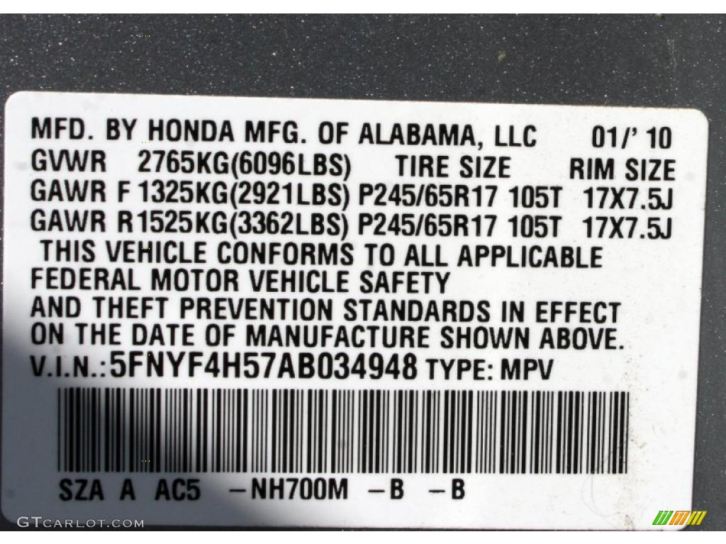 2010 Pilot Color Code NH700M for Alabaster Silver Metallic Photo #38267571