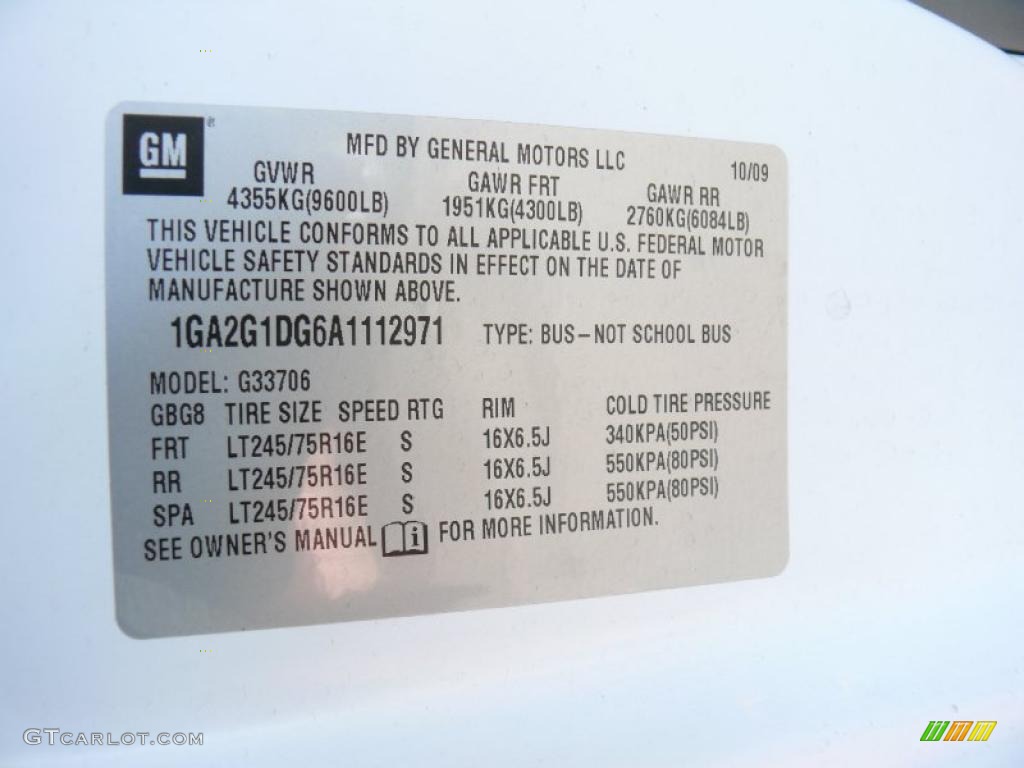 2010 Chevrolet Express LT 3500 Extended Passenger Van Info Tag Photo #38270185