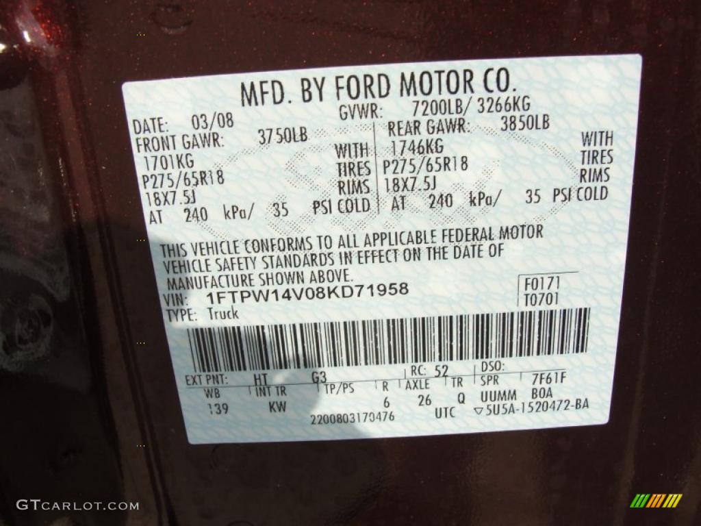 2008 Ford F150 King Ranch SuperCrew 4x4 Info Tag Photo #38302935