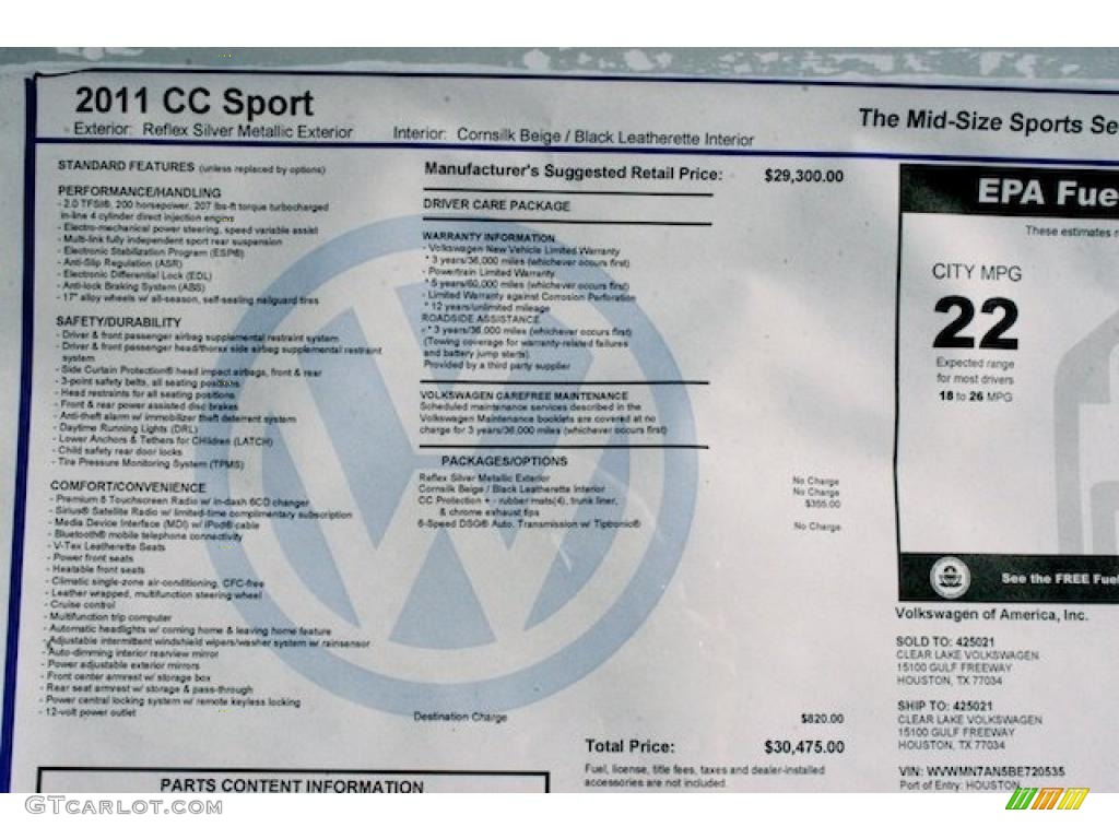 2011 Volkswagen CC Sport Window Sticker Photo #38304359
