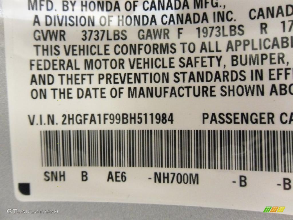 2011 Civic Color Code NH700M for Alabaster Silver Metallic Photo #38309083