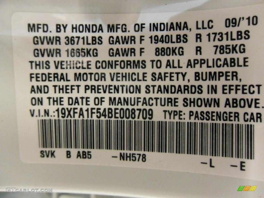 2011 Civic Color Code NH578 for Taffeta White Photo #38310091