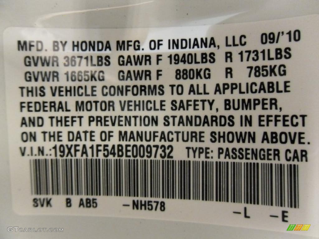 2011 Civic Color Code NH578 for Taffeta White Photo #38313503