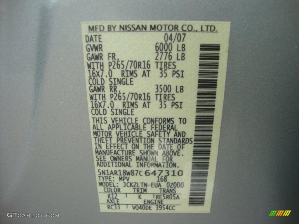 2007 Nissan Pathfinder SE 4x4 Info Tag Photos